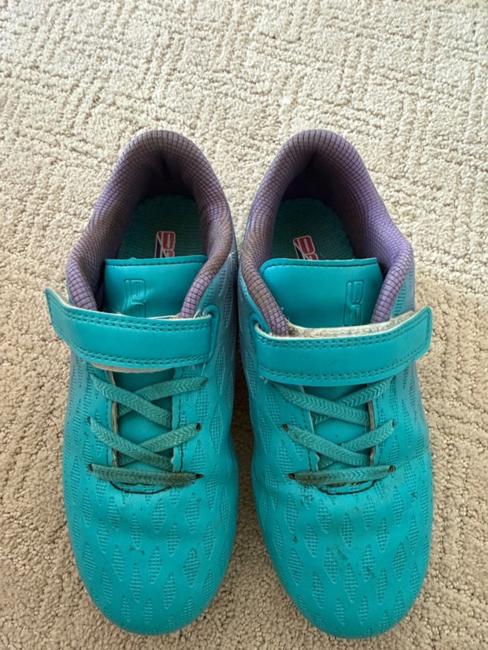 Kids Teal Soccer Cleats with Purple Lining - Velcro Closure